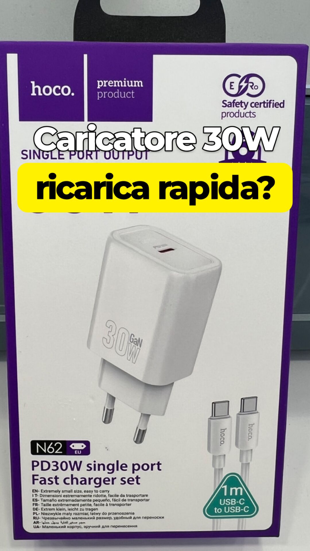 Caricatore rapido GaN 30W USB-C Hoco con cavo